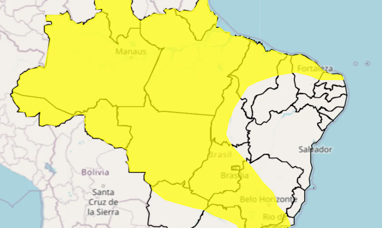o mapa mostra as &aacute;reas em alerta para chuva intensa e ventos